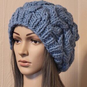 Wool Chunky Knit Beret, Oversized Beanie, Cable Knit Hat, Slouchy Beanie, Blue